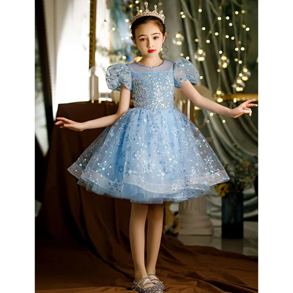 Sparkly Sky Blue Star Sequins Short Flower Girl Dresses 2022 Short Sleeve A-Line / Princess Scoop Neck Prom