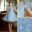 Sparkly Sky Blue Star Sequins Short Flower Girl Dresses 2022 Short Sleeve A-Line / Princess Scoop Neck Prom