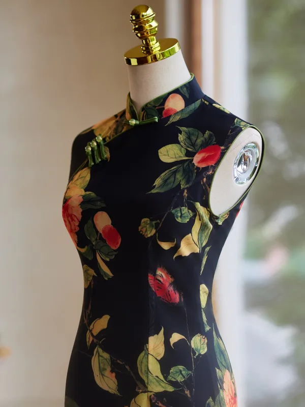 Style Chinois Vintage / Originale Noire Impression Cheongsam 2024 Trompette / Sirène Col Haut Sans Manches Thé Longueur