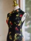 Style Chinois Vintage / Originale Noire Impression Cheongsam 2024 Trompette / Sirène Col Haut Sans Manches Thé Longueur