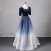 Vintage / Retro Navy Blue Beading Sequins Prom Dresses 2024 A-Line / Princess Square Neckline Short Sleeve Backless Floor-Length / Long Prom Formal Dresses