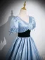 Chic / Beautiful Sky Blue Prom Dresses 2024 Ball Gown V-Neck Puffy Short Sleeve Backless Floor-Length / Long Prom Formal Dresses