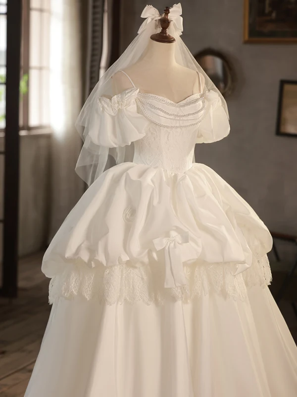 Vintage Retro Ivory Cascading Ruffles Pearl Wedding Dresses 2024 Satin Ball Gown Straps Vintage Retro Ivory Cascading Ruffles Pearl Wedding Dresses 2024 Satin Ball Gown Straps