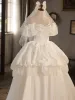 Vintage / Retro Ivory Cascading Ruffles Pearl Wedding Dresses 2024 Satin Ball Gown Spaghetti Straps Puffy Short Sleeve Backless Floor-Length / Long Wedding