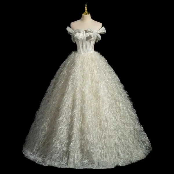 Charmant Ivory / Creme Glanz Pailletten Quaste Ballkleider 2023 Ballkleid Bandeau Schleife Ärmellos Rückenfreies Lange Festliche Kleider