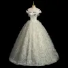 Charming Ivory Glitter Sequins Tassel Prom Dresses 2023 Ball Gown Strapless Bow Sleeveless Backless Floor-Length / Long Formal Dresses