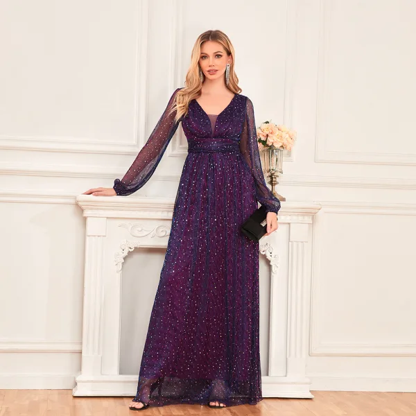 Bling Bling Pool Blue Sequins Evening Dresses 2024 A-Line / Princess V-Neck Long Sleeve Backless Floor-Length / Long Evening Party Formal Dresses