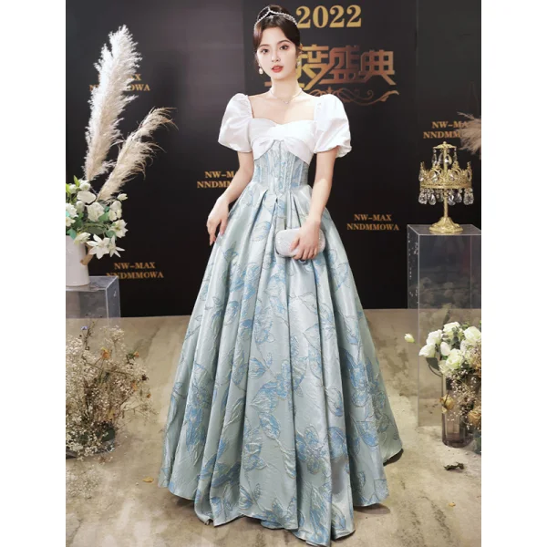 Chic / Beautiful Sky Blue Prom Dresses 2023 A-Line / Princess Square Neckline Short Sleeve Backless Floor-Length / Long Prom Formal Dresses