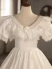 Vintage / Retro Ivory Lace Satin Wedding Dresses 2024 Ball Gown V-Neck Puffy Short Sleeve Backless Floor-Length / Long Wedding