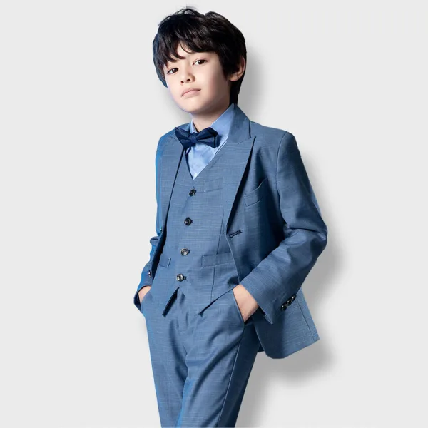 Fashion Navy Blue 5-piece Long Sleeve Boys Wedding Suits 2022 Coat Pants Shirt Tie Vest Wedding