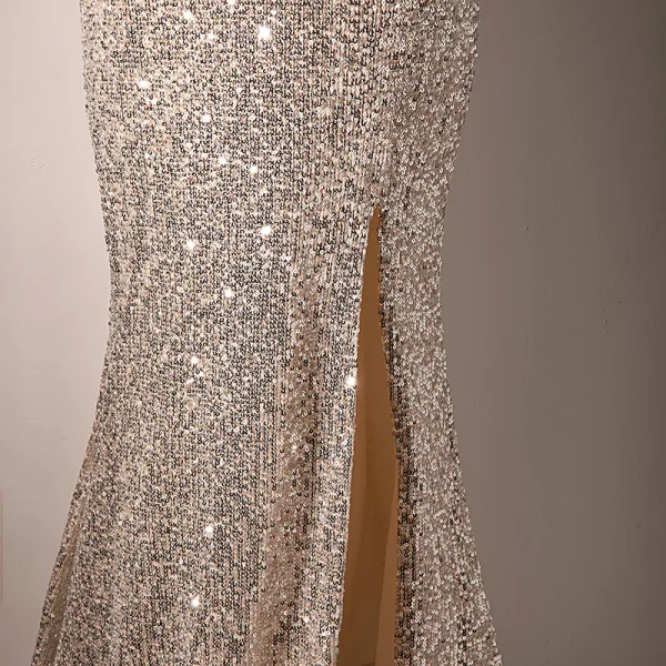 Sexy Sparkly Champagne Evening Dresses 2022 Trumpet / Mermaid Scoop Neck Short Sleeve Beading Sequins Lace Flower Floor-Length / Long Split Front Evening Party Formal Dresses