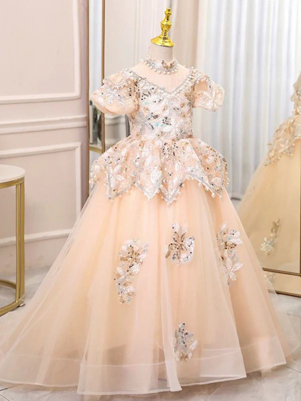 Elegant Champagne Beading Pearl Rhinestone Sequins Birthday Flower Girl Dresses 2024 Ball Gown High Neck Short Sleeve Backless Floor-Length / Long
