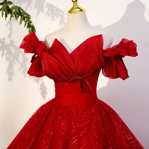 Élégant Rouge Perlage Paillettes Noeud Robe De Bal 2023 Robe Boule De l'épaule Manches Courtes Dos Nu Longue Promo Robe De Ceremonie