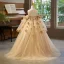 Chic / Beautiful Champagne Pearl Appliques Birthday Flower Girl Dresses 2025 Ball Gown Scoop Neck 3/4 Sleeve Backless Sweep Train
