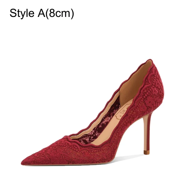 Chic / Beautiful Burgundy Lace Flower Wedding Shoes 2024 Leather 8 cm Stiletto Heels Pointed Toe Wedding Pumps High Heels