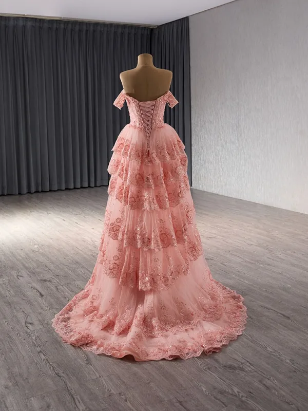Haut de Gamme Rougissant Rose En Dentelle Fleur Paillettes Volants en Cascade Robe De Bal 2024 Robe Boule De l'épaule Manches Courtes Dos Nu Train De Balayage Promo Robe De Ceremonie