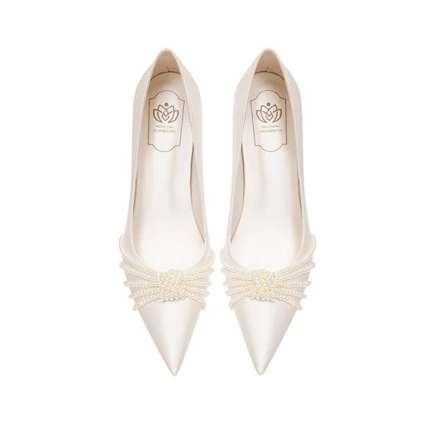 Eleganta Elfenben Pärla Satin Brudskor 2022 8 cm Stilettklackar Läder Spetsiga Bröllop Pumps Högklackade