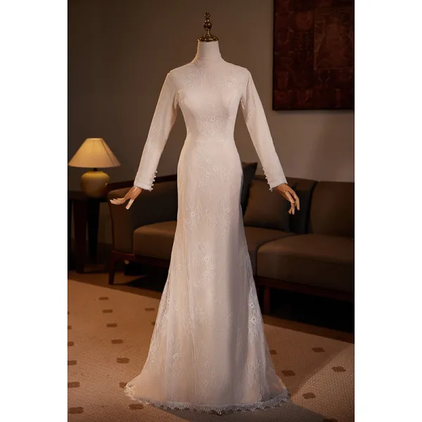 Muslim Modest / Simple White Trumpet / Mermaid Wedding Dresses 2024 High Neck Long Sleeve Floor-Length / Long Wedding
