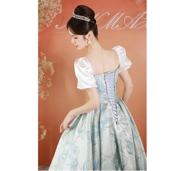 Chic / Beautiful Sky Blue Prom Dresses 2023 A-Line / Princess Square Neckline Short Sleeve Backless Floor-Length / Long Prom Formal Dresses