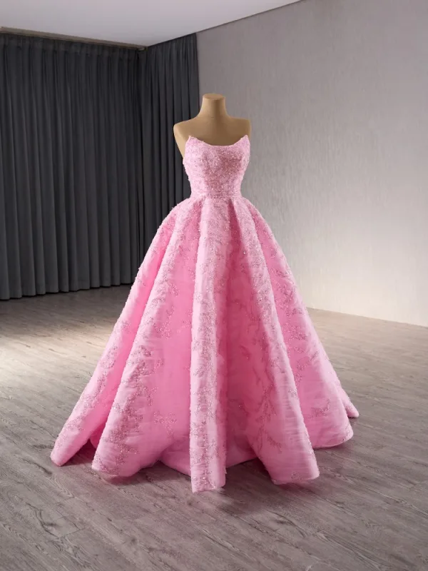 Elegante High End Pink Handgefertigt Perlenstickerei Pailletten Ballkleider 2024 Ballkleid Bandeau Ärmellos Rückenfreies Lange Ball Festliche Kleider