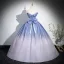 Chic / Beautiful Glitter Sky Blue Prom Dresses 2024 Ball Gown Strapless Sleeveless Backless Bow Floor-Length / Long Prom Formal Dresses