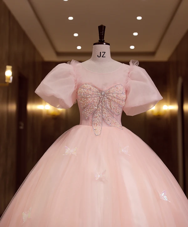 Chic Beautiful Blushing Pink Prom Dresses 2022 Ball Gown Scoop Neck Puffy Short Sleeve