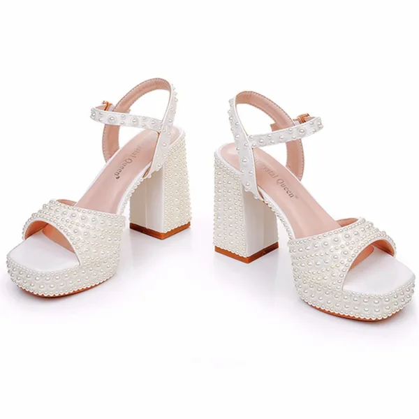 Sexy Beige Perle Brautschuhe 2025 Knöchelriemen 9 cm Thick Heels Peeptoes Hochzeit Sandaletten