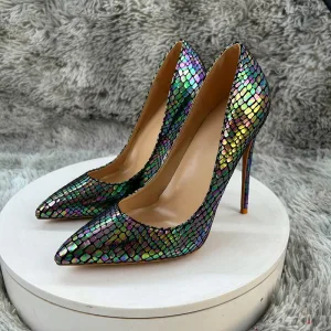 Ovanlig Mörkgrön Laser Snakeskin Trycket Afton Pumps 2025 12 Cm Stilettklackar Spetsiga Högklackade