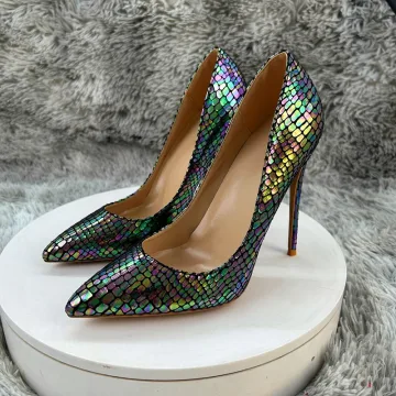 Ovanlig Mörkgrön Laser Snakeskin Trycket Afton Pumps 2025 12 Cm Stilettklackar Spetsiga Högklackade