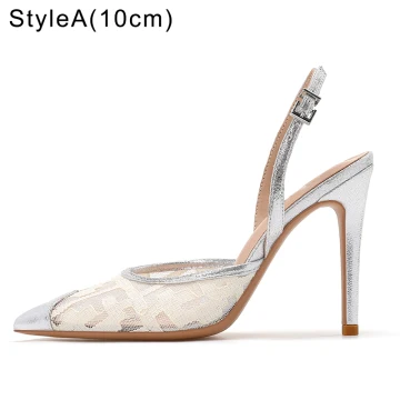 Sexy Argenté Percé Sandales Femme 2022 Vêtement De Rue 10 Cm Talons Aiguilles À Bout Pointu Sandales Talons Hauts