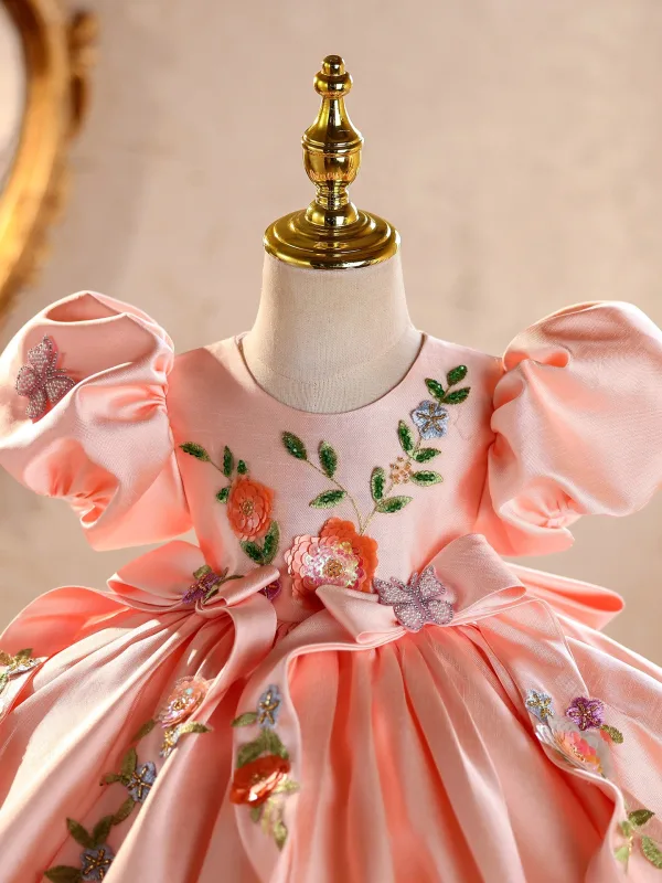 Chic / Beautiful Blushing Pink Embroidered Bow Birthday Short Flower Girl Dresses 2026 Ball Gown Scoop Neck Puffy Short Sleeve