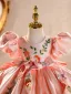 Chic / Beautiful Blushing Pink Embroidered Bow Birthday Short Flower Girl Dresses 2026 Ball Gown Scoop Neck Puffy Short Sleeve