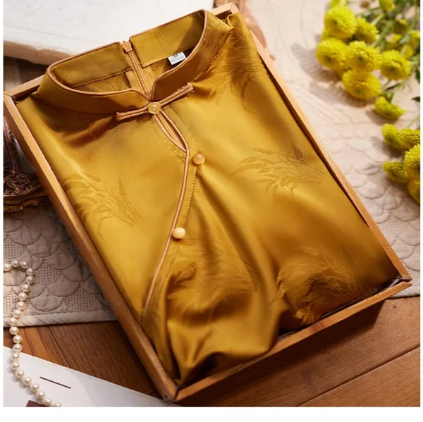 Vintage / Retro Yellow Evening Party Cheongsam 2025 Trumpet / Mermaid High Neck Short Sleeve Floor-Length / Long Cheongsam / Qipao