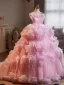 Flower Fairy Candy Pink Appliques Cascading Ruffles Prom Dresses 2025 Ball Gown Strapless Sleeveless Sweep Train Tulle Prom Formal Dresses