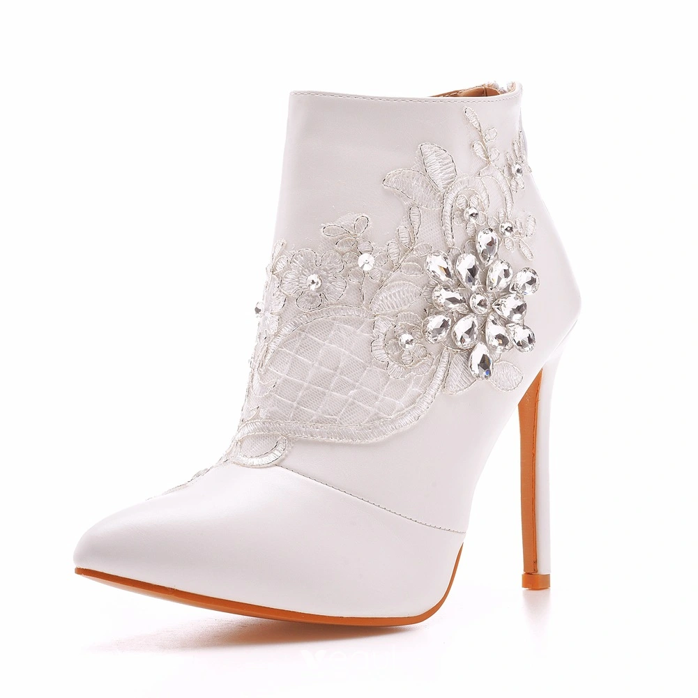 White pointed toe 2024 stiletto wedding ankle boots with back zipper, pearl booties, flower motif bridal boots