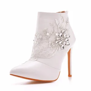 Elegant White Rhinestone Lace Flower Wedding Womens Boots 2025 11 Cm Stiletto Heels Pointed Toe Wedding Shoes