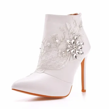 Elegant White Rhinestone Lace Flower Wedding Womens Boots 2025 11 Cm Stiletto Heels Pointed Toe Wedding Shoes