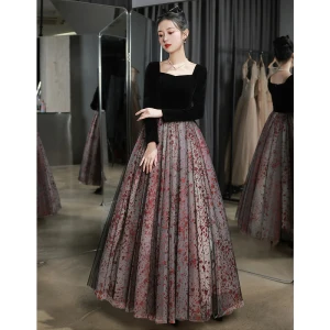 Élégant Noire Robe De Soirée 2023 Princesse Encolure Carrée Manches Longues Dos Nu Longue Soirée Robe De Ceremonie