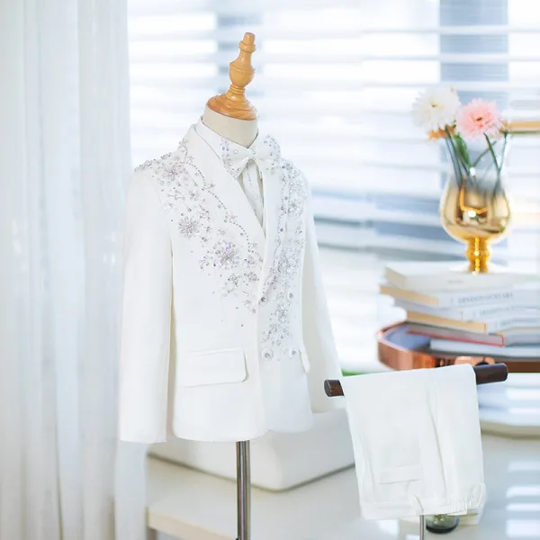 Fashion White Sequins 5-piece Boys Wedding Suits Boys Wedding Suits 2025 Long Sleeve Coat Pants Shirt Tie Vest Wedding