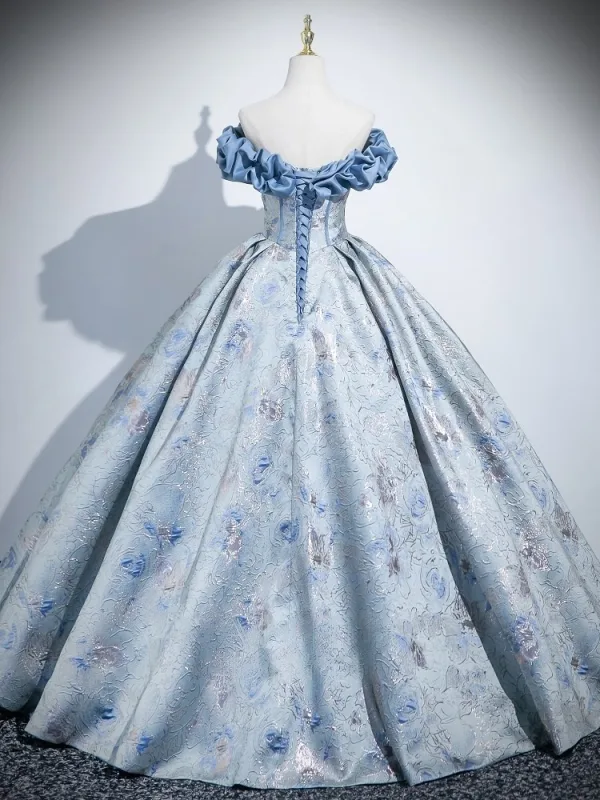 Elegant Sky Blue Printing Prom Dresses 2025 Ball Gown Off-The-Shoulder Short Sleeve Backless Floor-Length / Long Formal Dresses