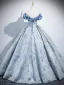 Elegant Sky Blue Printing Prom Dresses 2025 Ball Gown Off-The-Shoulder Short Sleeve Backless Floor-Length / Long Formal Dresses