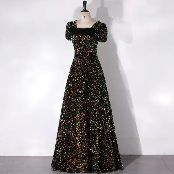 Scintillantes Noire Paillettes Robe De Bal 2024 Princesse Encolure Carrée Gonflée Manches Courtes Dos Nu Longue Promo Robe De Ceremonie
