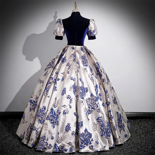 Chinese style Vintage / Retro Navy Blue Printing Prom Dresses 2023 Ball Gown High Neck Short Sleeve Floor-Length / Long Prom Formal Dresses