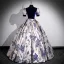 Chinese style Vintage / Retro Navy Blue Printing Prom Dresses 2023 Ball Gown High Neck Short Sleeve Floor-Length / Long Prom Formal Dresses