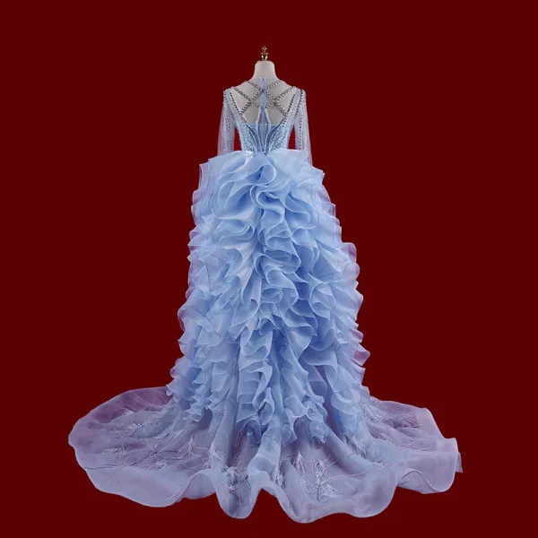 Luxury / Gorgeous Sexy Sky Blue Handmade Tassel Beading Pearl Cascading Ruffles Evening Dresses 2023 Trumpet / Mermaid V-Neck Long Sleeve Sweep Train Evening Party