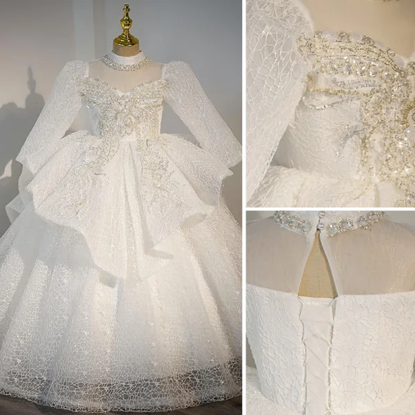 Charming White Beading Pearl Sequins Wedding Flower Girl Dresses 2022 Ball Gown High Neck Short Sleeve Court Train Flower Girl Dresses