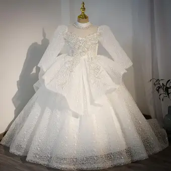 Charming White Beading Pearl Sequins Wedding Flower Girl Dresses 2022 Ball Gown High Neck Short Sleeve Court Train Flower Girl Dresses