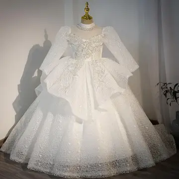 Charming White Beading Pearl Sequins Wedding Flower Girl Dresses 2022 Ball Gown High Neck Short Sleeve Court Train Flower Girl Dresses