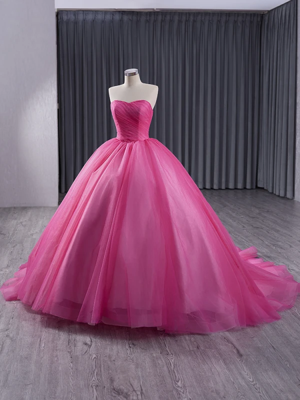Fashion Fuchsia Cascading Ruffles Prom Dresses Ball Gown 2024 Strapless Sleeveless Backless Floor-Length / Long Prom Formal Dresses
