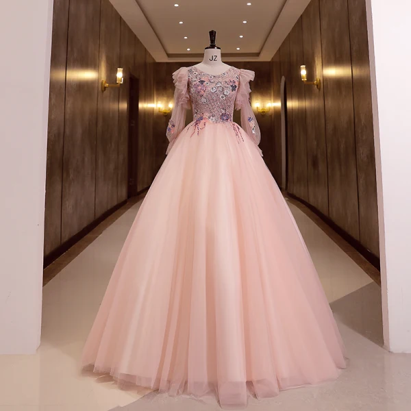 Élégant Rougissant Rose Perlage Paillettes En Dentelle Fleur Robe De Bal 2022 Robe Boule Encolure Dégagée Manches Longues Dos Nu Longue Robe De Ceremonie